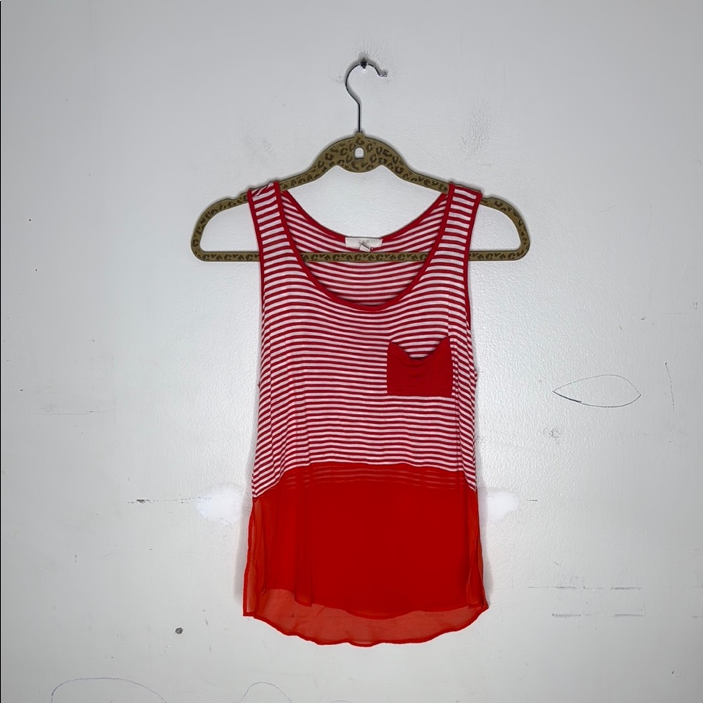EM Rayon Red White Striped Sheer Panel Sleeveless Top Size Small